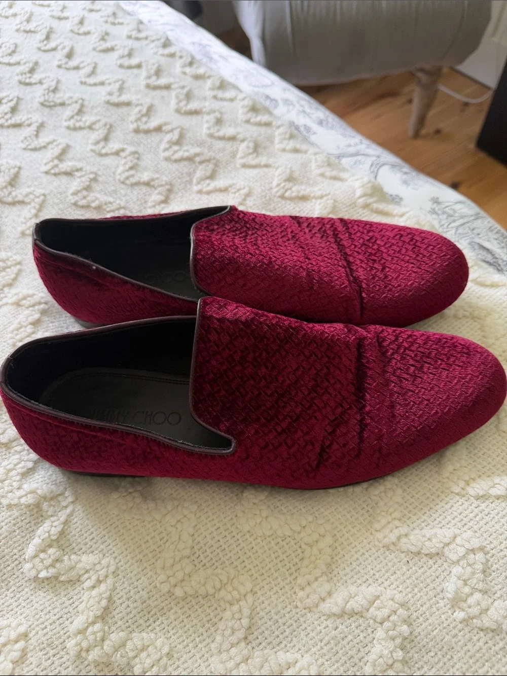 Jimmy Choo Sloane Burgundy Woven Embossed Velvet Slipper 45